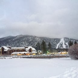 On the lake, looking back at the resorts / mountain On the lake, looking back at the resorts / mountain
