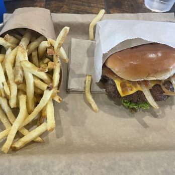Graze Premium Burgers - Single patty burger with cheese, grilled onions, lettuce, tomato, ketchup, & mayo. Side order of regular fries. - Burgers Near Me - Tucson, Arizona