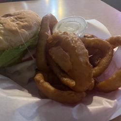 Speed Trap Tap House - Mushroom Burger wide Onion Rings side