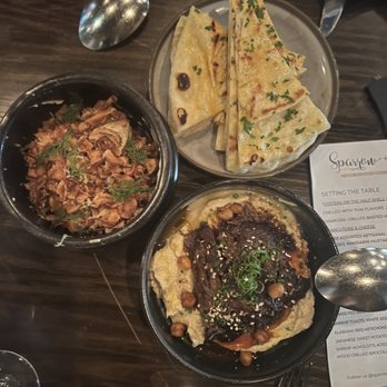 Sparrow + Wolf - Top left- sunchoke & artichoke dish. Bottom right oxtail hummus accompanied by homemade pita - New American Near Me - Las Vegas, Nevada Sparrow + Wolf - Top left- sunchoke & artichoke dish. Bottom right oxtail hummus accompanied by homemade pita - New American Near Me - Las Vegas, Nevada