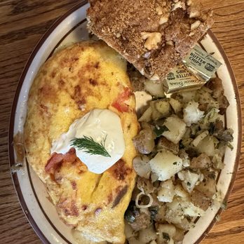 Fire Sign Cafe - House Smoked salmon Omelette with potatoes and house banana bread - American Near Me - Tahoe City, California Fire Sign Cafe - House Smoked salmon Omelette with potatoes and house banana bread - American Near Me - Tahoe City, California