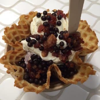 Long Beach Creamery - Whiskey vanilla and blueberry donut with candied bacon and mini whoppers in a waffle bowl. - Ice Cream & Frozen Yogurt Near Me - Long Beach, California