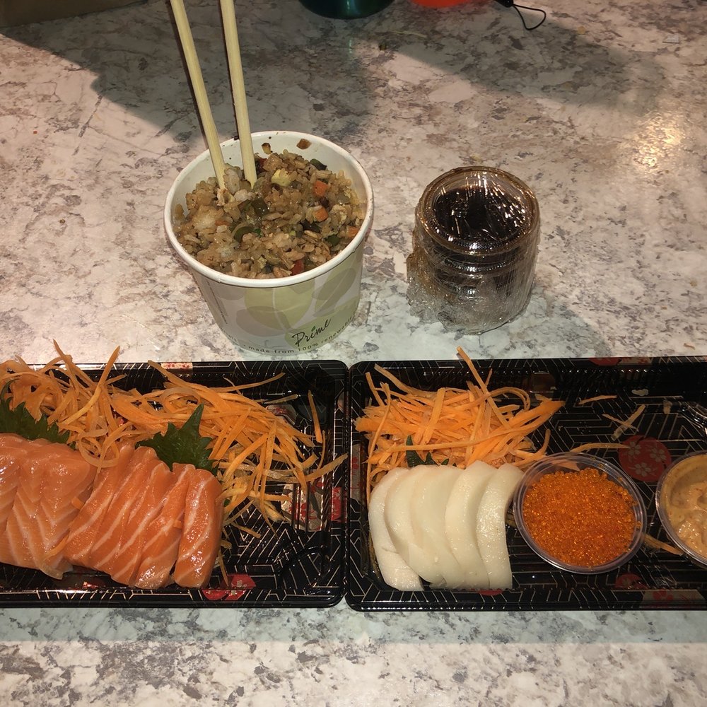 Sushi Seven - Salmon and Escolar sashimi, tobiko, spicy Mayo, and veggie yakimeshi. Delivered and still AWESOME. - Sushi Bars Near Me - San Antonio, Texas Sushi Seven - Salmon and Escolar sashimi, tobiko, spicy Mayo, and veggie yakimeshi. Delivered and still AWESOME. - Sushi Bars Near Me - San Antonio, Texas