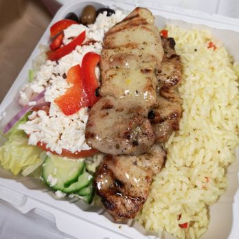 Kathy's Grill - Pork souvlaki dinner with rice. Juicy chucks of grilled meat. - Burgers Near Me - Scarborough, Ontario