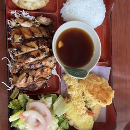 Chicken teriyaki bento box with tempura and gyoza Chicken teriyaki bento box with tempura and gyoza