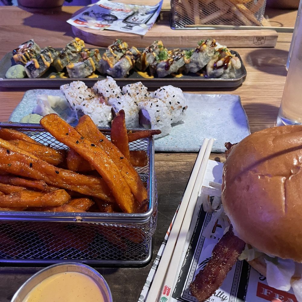 Shogun Roll, Garlic Tuna Roll, Bacon and Cheddar burger with Sweet Potato fries. Shogun Roll, Garlic Tuna Roll, Bacon and Cheddar burger with Sweet Potato fries.