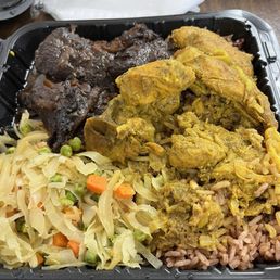 Brown Stewed Chicken, Curry Chicken, Rice and Peas, Cabbage
