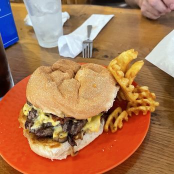 Ethel's Pub & Grill - Ethel's burger with waffle fries. Added another patty and a side of waffle fries to split. - American Near Me - Brillion, Wisconsin Ethel's Pub & Grill - Ethel's burger with waffle fries. Added another patty and a side of waffle fries to split. - American Near Me - Brillion, Wisconsin