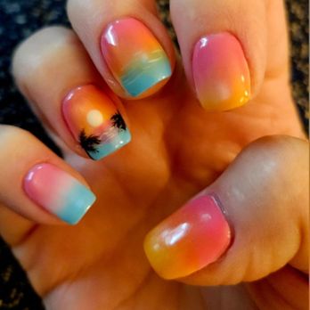 Bling Bling Nail - Sunset tropical nails. Ombre with cats eye on top. Lin did amazing work. - Nail Salons Near Me - Norfolk, Virginia