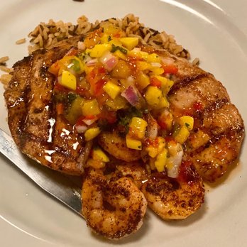 Table 9 - Caribbean chicken and shrimp with mango chutney and honey lime sriracha - Seafood Near Me - Atlantic Beach, North Carolina