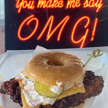 OMG! Burger - the limited edition nashville hot chicken donut sandwich - Burgers Near Me - Sugar Land, Texas