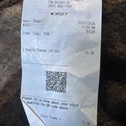 Wendy's - A receipt for two, dry double cheese burgers.