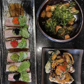 Tsukimi - 1. Mini Salmon Poke, 2. Stuffed Jalapenos, 3. Hamachi Crudo -- my favorite!!! - Sushi Bars Near Me - Austin, Texas