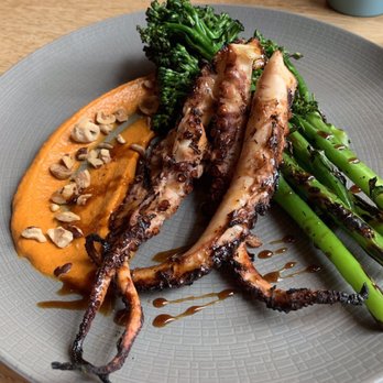 Shaker + Spear - Charred Octopus, Hazelnut Romesco & Broccolini - delicious - Seafood Near Me - Seattle, Washington