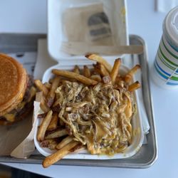 The Burger's Priest - Stern fries--fresh-cut fries, cheese sauce, onions (sautéed), and secret sauce (mayo-based)