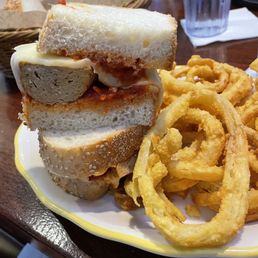 Meatball Parm Sandwich and onion rings
