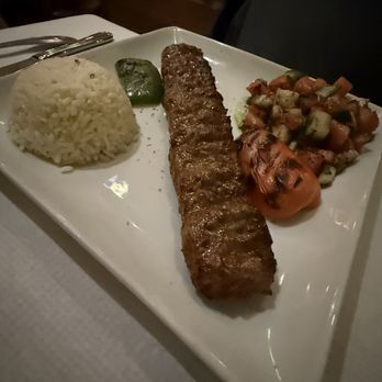 Pasha Cafe & Lounge - Lamb Adana with grilled tomato half, grilled piece of green pepper, small salad, and rice. - Mediterranean Near Me - Pittsburgh, Pennsylvania