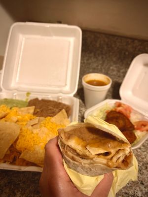 Photo of Al & Bea's Mexican Food - Los Angeles, CA, United States. Bean and cheese burrito w/ green chile plus snack plate & stuffed & fried jalapeño