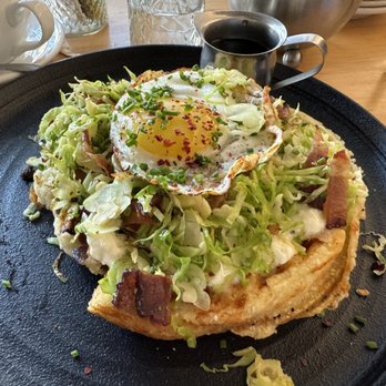 Viale - Stracciatella and corn waffle with brussels, bacon, egg and maple syrup - Italian Near Me - Cambridge, Massachusetts