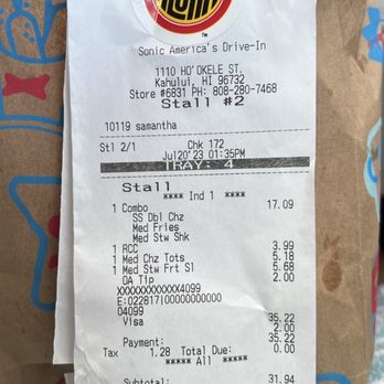 Sonic Drive-In - Price paid for 2 Adults  RCC is regular size chili hot dog - Burgers Near Me - Kahului, Hawaii