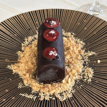 Strāta - Chocolate hazelnut semifreddo with candied hazelnut and cherry - New American Near Me - San Jose, California