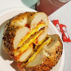 Abe's Bagel House - Shake Hands with Sausage, Egg, and Cheese on an Everything Bagel !!
