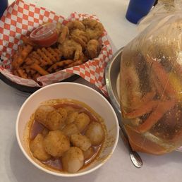 1/2 pound scallops, shrimp basket with sweet potato fries, 1 lb snow crab legs. 1/2 pound scallops, shrimp basket with sweet potato fries, 1 lb snow crab legs.