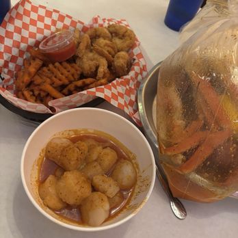 Blue Coast Juicy Seafood - 1/2 pound scallops, shrimp basket with sweet potato fries, 1 lb snow crab legs. - Seafood Near Me - Tulsa, Oklahoma Blue Coast Juicy Seafood - 1/2 pound scallops, shrimp basket with sweet potato fries, 1 lb snow crab legs. - Seafood Near Me - Tulsa, Oklahoma