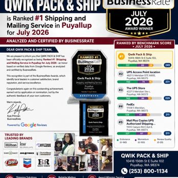 Qwik Pack & Ship - We are extremely proud to be recognized for our customer service! Come see us today, and let us know how we can help you! - Mailbox Centers Near Me - Puyallup, Washington Qwik Pack & Ship - We are extremely proud to be recognized for our customer service! Come see us today, and let us know how we can help you! - Mailbox Centers Near Me - Puyallup, Washington
