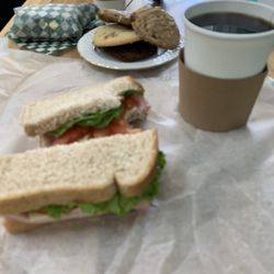 Ham and Swiss on brown. Coffee and cookies (Turtle, Apple pie, skors and Carrot cake)