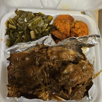Bustdown Burgers And BBQ - Ox tails with yams and greens - Burgers Near Me - Sacramento, California Bustdown Burgers And BBQ - Ox tails with yams and greens - Burgers Near Me - Sacramento, California