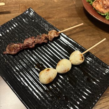 Izakaya Takasei - Chicken Heart (top) and Quail Egg (bottom) Skewers - Japanese Near Me - Huntington Beach, California Izakaya Takasei - Chicken Heart (top) and Quail Egg (bottom) Skewers - Japanese Near Me - Huntington Beach, California