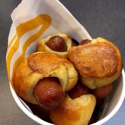 Mini pretzel dogs - salty hot dogs and sweet pretzel dough