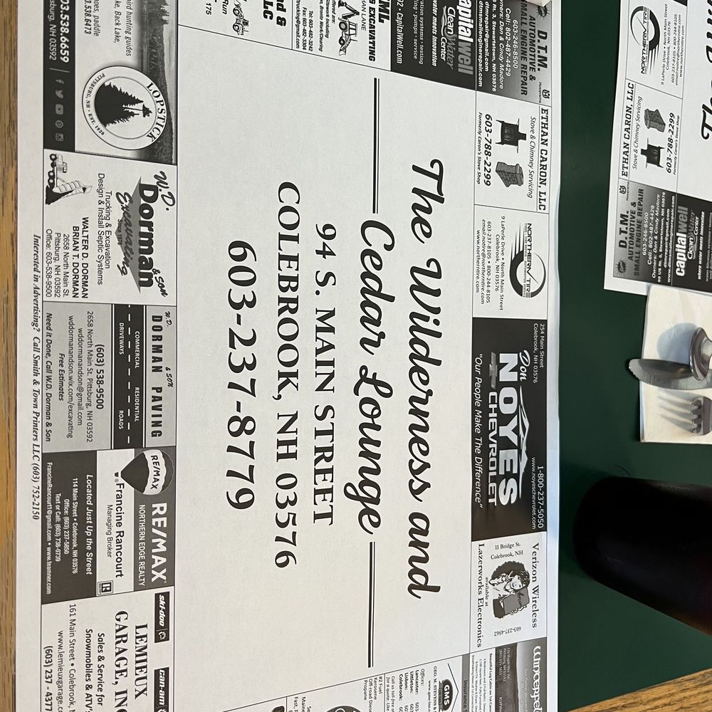 Wilderness Restaurant - Placemat with local businesses - American Near Me - Colebrook, New Hampshire