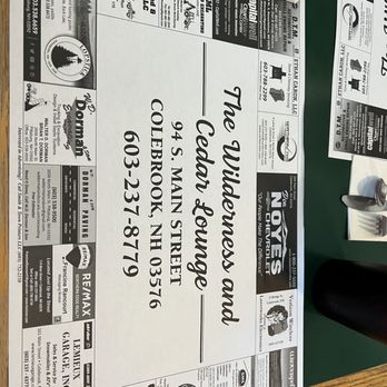Wilderness Restaurant - Placemat with local businesses - American Near Me - Colebrook, New Hampshire