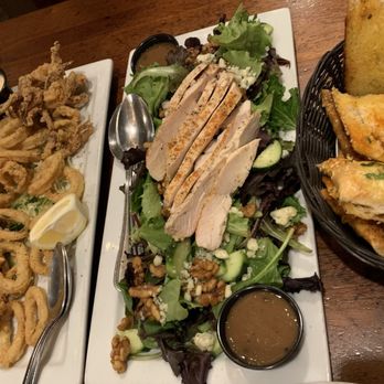 Marechiaro's Italian Restaurant - Calamari appetizer (Left), spring salad (middle), garlic bread (right) - Italian Near Me - El Cajon, California