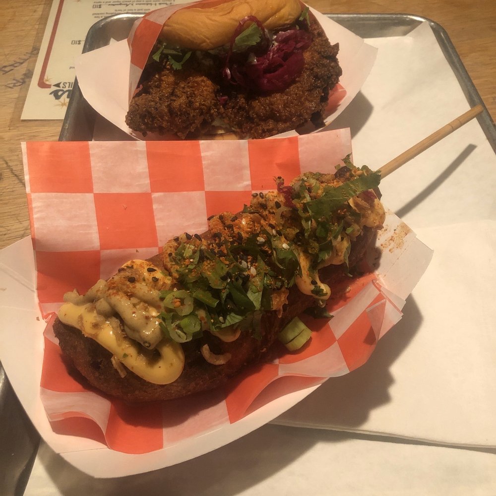 The Johnson's - Chicken sandwich and corn dog. Lots of cilantro - Cocktail Bars Near Me - Brooklyn, New York The Johnson's - Chicken sandwich and corn dog. Lots of cilantro - Cocktail Bars Near Me - Brooklyn, New York