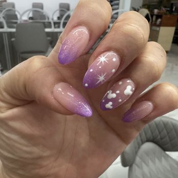 Gems Nails & Spa - Glittery Purple/Nude ombre with magic stars and mickey heads. - Nail Salons Near Me - Orange, California