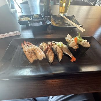 Orange Fish - Seared Pepper Shrimp Nigiri Unagi Nigiri Mackerel Nigiri - Ramen Near Me - La Verne, California Orange Fish - Seared Pepper Shrimp Nigiri Unagi Nigiri Mackerel Nigiri - Ramen Near Me - La Verne, California