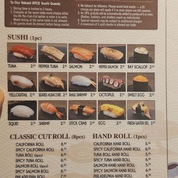 Eat's Ayce Sushi - Pricing. Lunch and dinner menu are the same. - Japanese Near Me - Alhambra, California