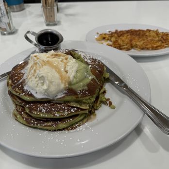 Bea Bea’s - Green Tea Monster Pancakes with a side of hashbrowns - Coffee & Tea Near Me - Glendale, California Bea Bea’s - Green Tea Monster Pancakes with a side of hashbrowns - Coffee & Tea Near Me - Glendale, California