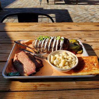Canyons Barbeque - First visit here: Requested fatty (point section) brisket, baked potato as large as my face, mac and cheese, and garlic bread. - Barbeque Near Me - Castro Valley, California Canyons Barbeque - First visit here: Requested fatty (point section) brisket, baked potato as large as my face, mac and cheese, and garlic bread. - Barbeque Near Me - Castro Valley, California