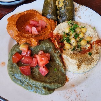 Taza Mediterranean Kitchen - Stuffed grape leaves, bisara, hummus,feta with tomato - Mediterranean Near Me - Middleton, Wisconsin