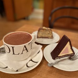 L.A. Burdick Handmade Chocolates - Hazelnut orange cake, passion fruit mousse cake and spicy dark chocolate