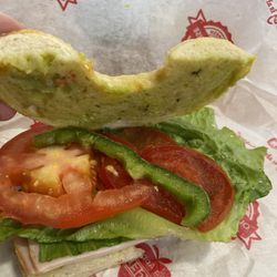 Big Apple Bagels - Holey Guacamole with no real guacamole on the sandwich, even the vegetables, which are touching the "guacamole " have no trace on them.