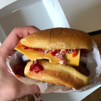 Shake Shack Parsippany atop The Hill - Chick'n Shack w/ bacon, cheese, tomato, onion, shack sauce, cherry peppers - Fast Food Near Me - Parsippany, New Jersey Shake Shack Parsippany atop The Hill - Chick'n Shack w/ bacon, cheese, tomato, onion, shack sauce, cherry peppers - Fast Food Near Me - Parsippany, New Jersey