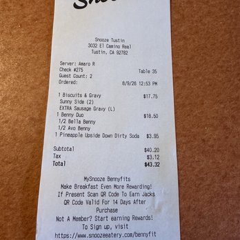 Snooze, an A.M. Eatery - Total bill. - Breakfast & Brunch Near Me - Tustin, California Snooze, an A.M. Eatery - Total bill. - Breakfast & Brunch Near Me - Tustin, California