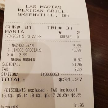 Las Marias - a receipt for a mexican restaurant - Mexican Near Me - Greenville, Ohio