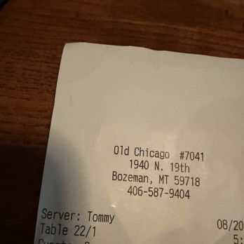 Old Chicago Pizza + Taproom - Shows the name of our waiter - Pizza Near Me - Bozeman, Montana Old Chicago Pizza + Taproom - Shows the name of our waiter - Pizza Near Me - Bozeman, Montana