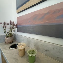 Matcha latte and an iced coffee Matcha latte and an iced coffee